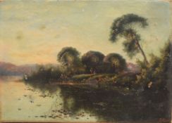 A 19th Century oil on canvas, an idyllic river scene with figures, initialled EHB and dated (1880)
