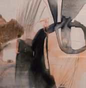 A pair of contemporary lithographs, layered abstract compositions in neutral tones, within card
