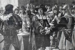 A 20th Century monochromatic print, depicting Oliver Cromwell being presented with a sceptre,