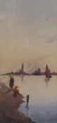 A 20th Century watercolour, a Venetian scene with mother and child fishing at sunset, signed