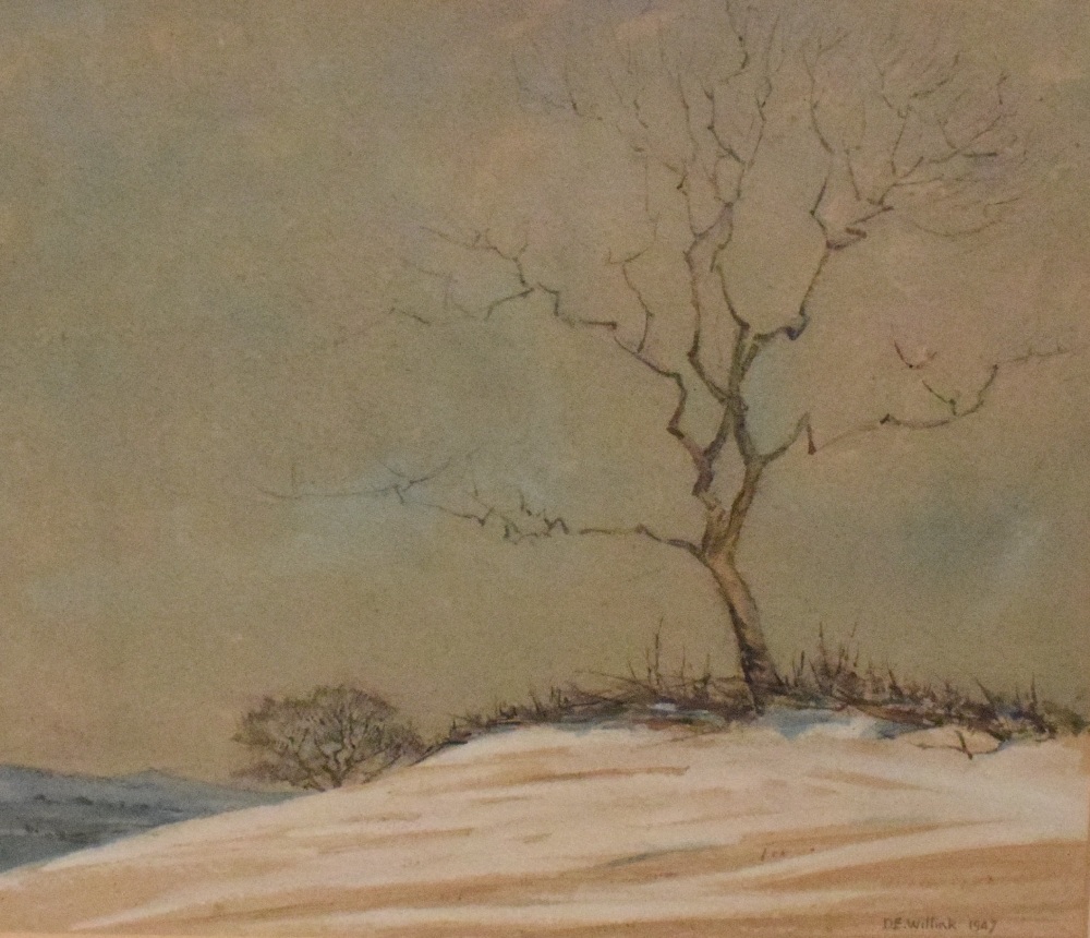 D. E. Willink (British 20th Century) Watercolour, a lone hillside tree in winter, signed and