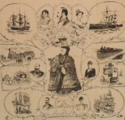 A 19th Century commemorative print on fabric, celebrating the long reign of Queen Victoria,