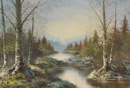 Newton (British 20th Century) Oil on canvas, a wooded river scene, signed lower right, within