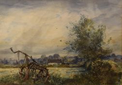Cecil J Thornton (British 1911-2001) Watercolour, agricultural scene with abandoned tiller, signed