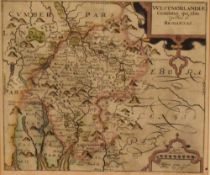 A hand colourised map depicting the historic county of Westmorland in latin, within washline card
