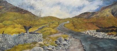 Bircher (British 20th Century) Oil on board, depicting a winding mountain road, signed and dated (