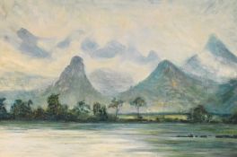 A 20th Century oil on canvas, a mountainous coastal landscape study in cool tones, unsigned or