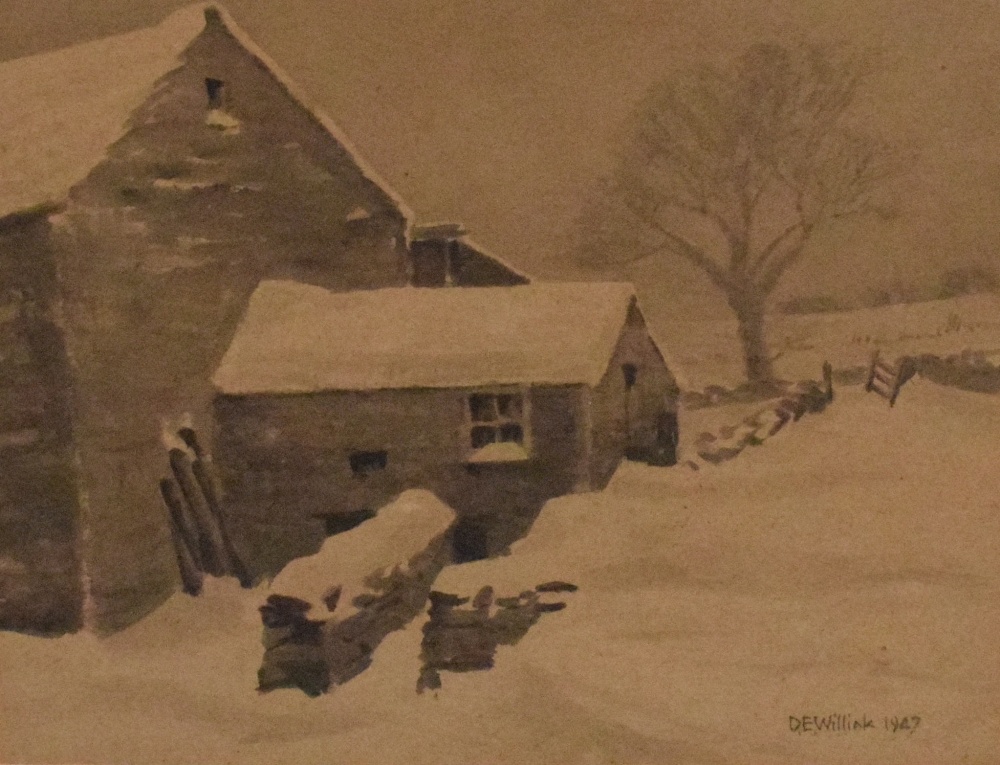 *Local Interest* D.E Willink (British 20th Century) Watercolour, a monochromatic study of a farm