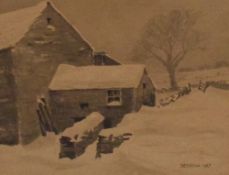*Local Interest* D.E Willink (British 20th Century) Watercolour, a monochromatic study of a farm