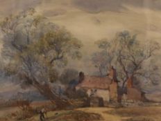 Samuel John Lamorna Birch (British 1869-1955) Watercolour, a cottage garden scene with figure,