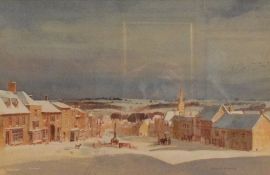 Anthony Flemming (British b.1936) Watercolour 'Burford in The Snow', a study of the Cotswold village