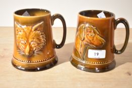 Two vintage Sylvac Pottery tankard mugs,to include Fox (2376) and Dog (2375) portrait relief