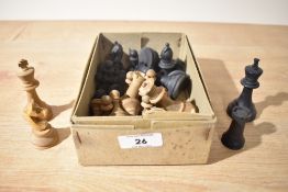 Wooden Chess Set, complete, King height 7.5cm, damage seen to black King, Queen, Knights, white