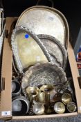 A collection of plated ware including gallery trays and goblets, a Unity Pewter planished milk and