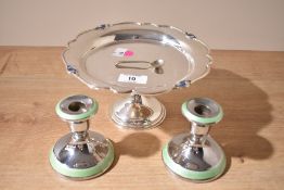 A small selection of 20th-century decorative white metal tableware, to include a pedestal dish,