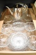 Six pressed glass pedestal sundae dishes, a tazza, cake stand and a selection of assorted bowls sold