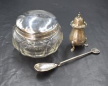 A George V silver topped glass powder pot, marks for Birmingham 1915, maker William Aitken, along