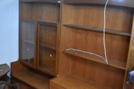 Two full height vintage teak Nathan full height wall units comprising glazed display and open