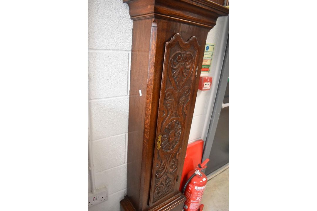A late 18th Century and later oak long cased clock, having 30hr movement with faux winding holes, - Image 2 of 4