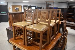 A set of 6 Arts & Crafts Style, golden oak dining chairs, in the Yorkshire Thompson - Mouseman/