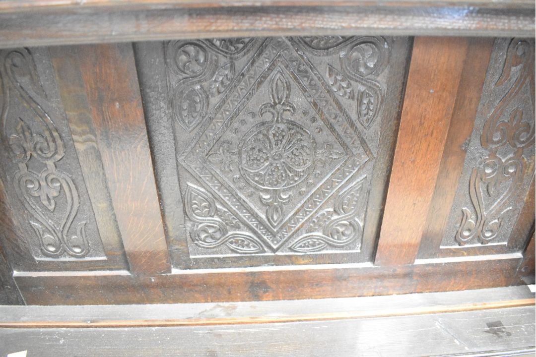 A period oak dresser back having carved decoration to panels, some damage to shelves. Width - Image 3 of 3