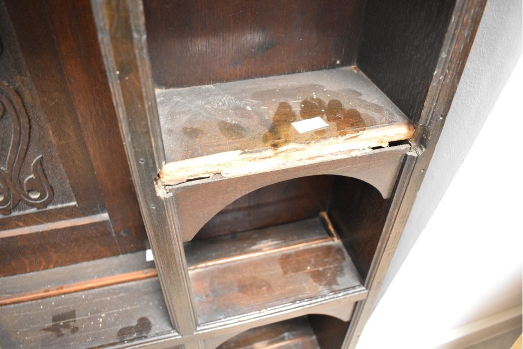 A period oak dresser back having carved decoration to panels, some damage to shelves. Width - Image 2 of 3