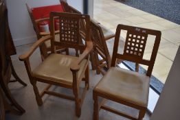 A set of 6 (4 plus 2) Arts & Crafts Style, golden oak dining chairs, made by LIZARD MAN, Peter