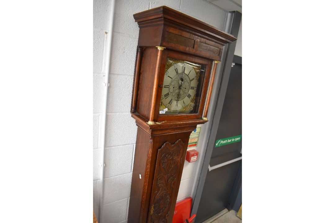 A late 18th Century and later oak long cased clock, having 30hr movement with faux winding holes, - Image 1 of 4
