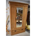 A Victorian reclaimed style pine mirror door wardrobe having drawer to base , height approx. 197