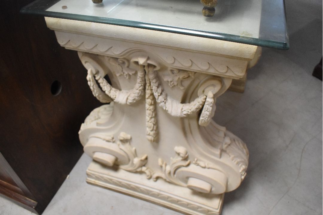 A pair of resin stonework console table legs of ornate form , having glass top, overall dimensions - Image 2 of 2