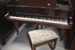 An early 20th Century mahogany cased baby grand piano, Welmar by Bluthner and Co, the case in some