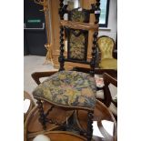 A Victorian bedroom chair having twist frame with tapestry seat and back (af)
