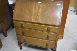 An early 20th Century bleached mahogany bureau, width approx. 76cm