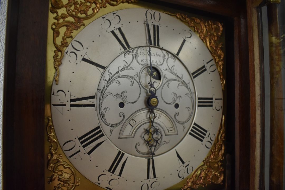 A late 18th Century and later oak long cased clock, having 30hr movement with faux winding holes, - Image 4 of 4