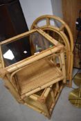 Two vintage bamboo occasional glass top coffee tables and a similar wall mirror