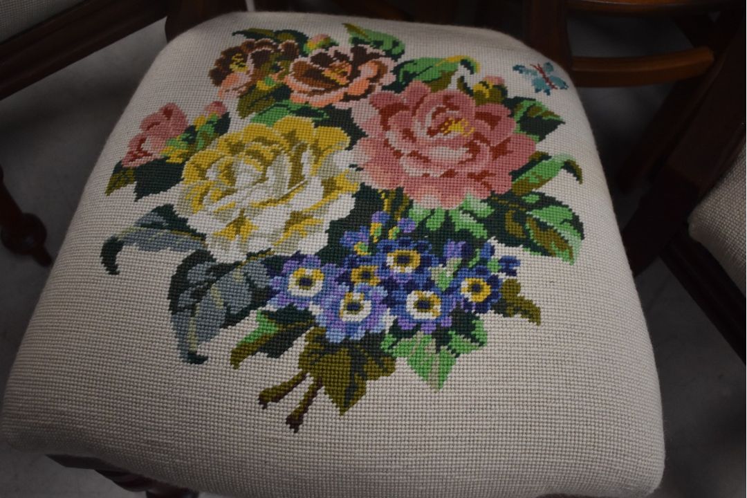 A set of four Victorian mahogany balloon back dining chairs having later tapestry foliate decoration - Image 3 of 4