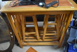 A vintage rubberwood breakfast bar, with two stools and tiled top, approx. Dimensions W89 D59 H87cm