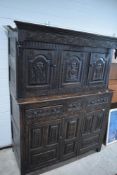 A period oak court cupboard (carved date is 1684, possibly a later piece with carved earlier date)