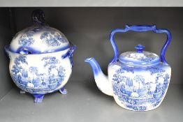Two Victorian Staffordshire-style 'Flow Blue' ironestone wares, to feature a large teapot and a