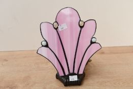 A late 20th-century Tiffany-style fan table lamp, featuring an Art Deco-style pink fan motif, upon a