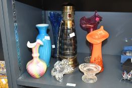 A selection of 20th-century studio art glass, to feature an orange Jack-in-the-pulpit-style vase;