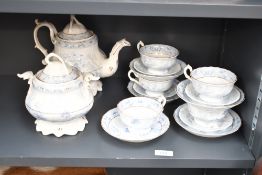 A 19th-century Spode Broseley-style blue and white ceramic part tea set, featuring delicate willow-