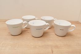Five contemporary Keith Brymer Jones porcelain mugs, to feature hand stamped 'goodmorning', 'head