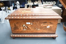 A large 20th-century Indian inlaid marquetry rosewood and animal bone box, featuring scenes of
