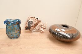 A large contemporary art glass decorative bowl, of flattened dish-like form with a small central