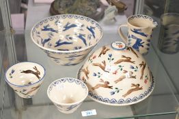 A selection of contemporary Bell Pottery 'Hare' spongeware, featuring delicate hand sponged rabbit/