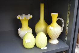 Five Victorian Thomas Webb-style yellow satin art glasswares, featuring a diamond-quilted pattern