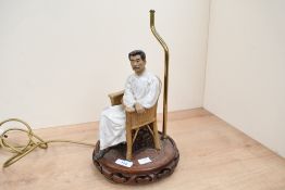 A 20th-century Chinese Wucai porcelain-style table lamp, featuring writer Lu Xun, upon a carved wood