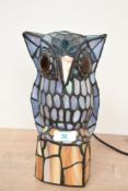 A late 20th-century Tiffany-style Owl table lamp, featuring a sweetly formed iridescent owl
