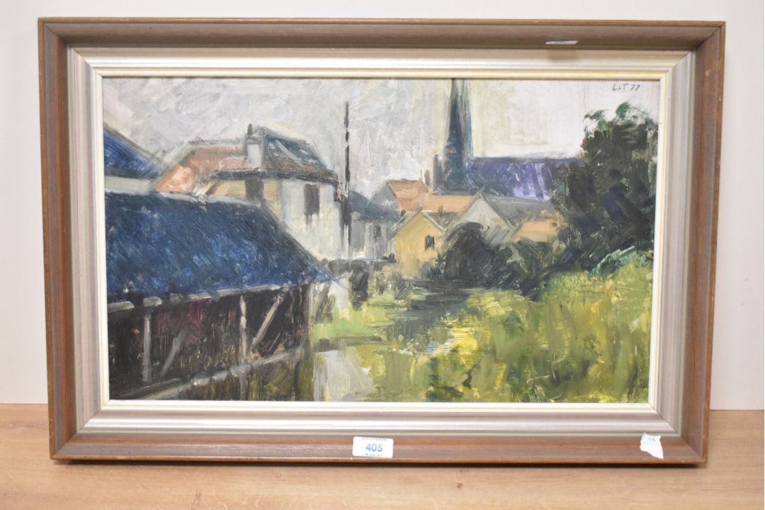 Attributed to Laurence Leifchild Toynbee (British 1922-2002) oil on board 'French Town' initialled - Image 2 of 4